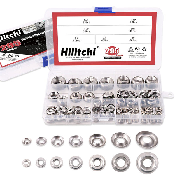 Hilitchi 295-Pcs Finishing Cup Countersunk Washer Assortment Set, 304 Stainless Steel (#4 - #16)
