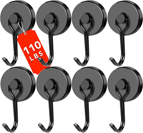 DIYMAG 8 Pack Black Magnetic Hooks, 110LBS Heavy Duty Strong Magnet Hooks with Metal Hanger for Home Kitchen Office