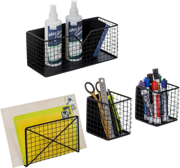 MyGift Magnetic Office Supplies Storage Organizer Baskets, Industrial Matte Black Metal Wire Mesh Mail Slot, 4 Piece Set
