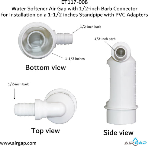Water Softener Air Gap with 1/2-inch Barb Connector for Installation on 1-1/2-inch Standpipe with PVC Trap Adapters