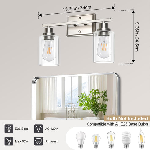 Unicozin 2 Light Bathroom Light Fixtures, Modern Vanity Lights Over Mirror, Brushed Nickel Wall Lamp with Clear Glass