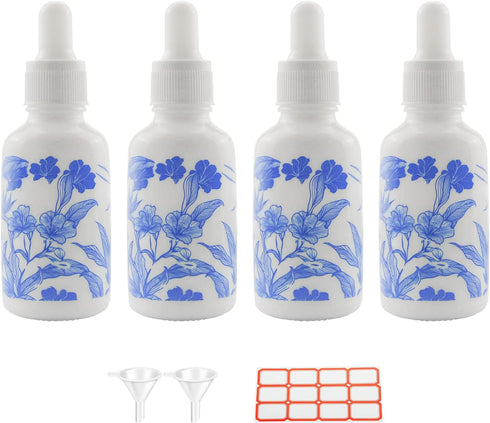 4 PCS Blue and White Porcelain Ceramic Dropper Bottles, 1 2/3oz (50ml) for Perfume, Aromatherapy, Funnel Included