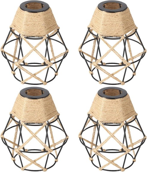Toyosport 4 6.7 E27 Pcs Pendant Lamp Shade, Diamond Shape Metal Cage Lampshade with Hemp Rope, in H, DIY Retro Vintage