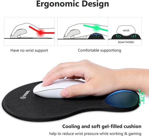 Soqool Ergonomic Mouse Pad with Gel Wrist Rest Support, Non-Slip PU Base for Easy Typing Pain Relief, Classic Black
