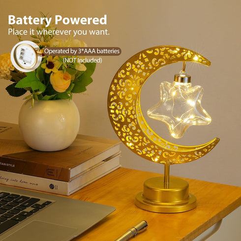 Decorative Table Lamp, Battery Powered Ramadan Desk Lamp with Crescent Table Light for Bedside Nightstand and Kid's