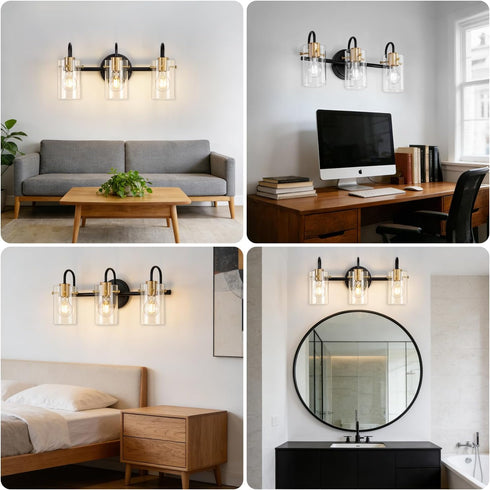 Apenath 3 Light Bathroom Vanity Light, Black and Gold Bathroom Wall Light Fixtures with Clear Glass Shade, Modern Wall
