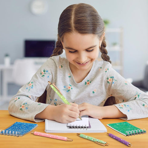 Sherr 16 Pcs Glitter Notebooks and Pens, Mini Pocket Notepads, Colorful Ballpoint Pens for Kids and Office Supplies