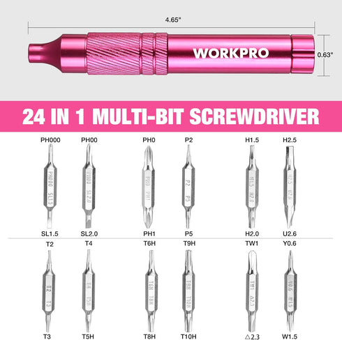 WORKPRO 24-in-1 Precision Screwdriver Set, 24 pcs Tough S2 Steel Bits for Eyeglass, Watch, Phone, Pink