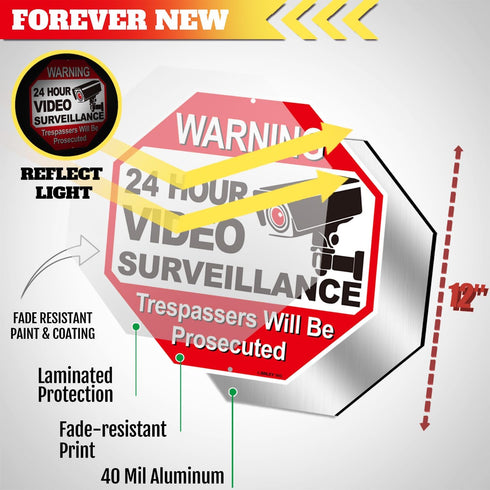 Anley 24 Hour Video Surveillance Sign - Trespassers Will Be Prosecuted Aluminum Warning Sign - UV Protected,