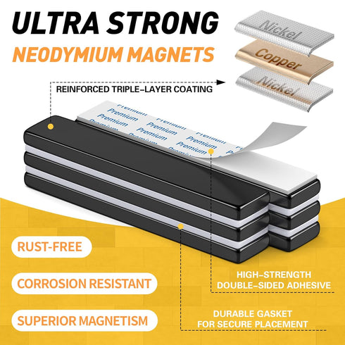 6 Pack 60x10x3mm Super Strong Neodymium Bar Magnets with Double-Sided Adhesive, Strong Magnet Heavy Duty, Magnets