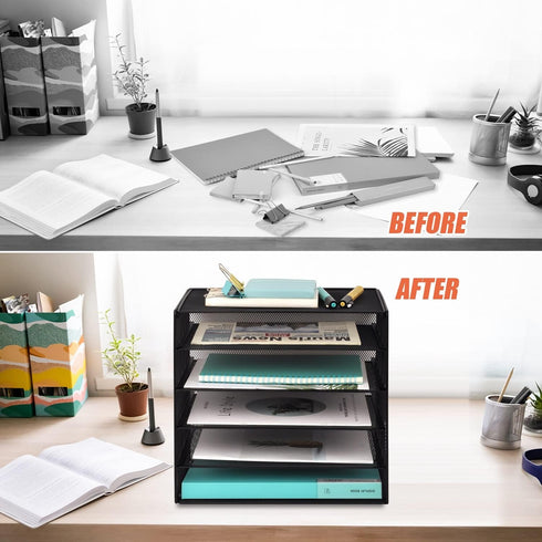EASEPRES 5 Slot Mesh Desk Organizer Tray, File Paper Letter Holder for Office Home School Classroom Storage