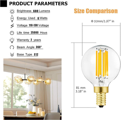 Leools e12 led Bulb dimmable g16.5 6W Equal 60 Watt 600lm AC120V e12 Candelabra Bulb for Chandeliers,Ceiling Fan,Vanity Soft White 3000K Globe e12 Light Bulb 6Pack by Leools