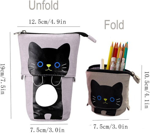 Telescopic Pencil Pouch, Cute Standing Pen Holder, Canvas+PU Storage Box with Zipper Closure (Gray)