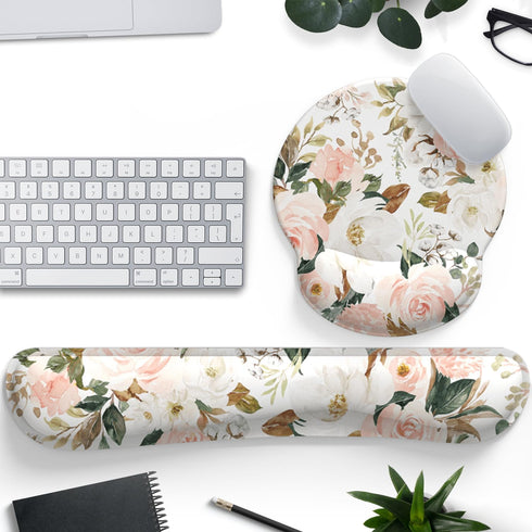 Pink Flower Desktop Mat, Aesthetic Wrist Support Keyboard Mouse Wrist Rest Set for Comfortable Typing & Pain Relief