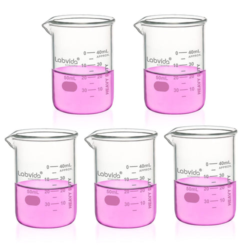 Heavy Duty Glass Beakers Set, 5 pcs of 50ml Thick-Walled Beaker Shot Glasses, 3.3 Boro Griffin Low Form