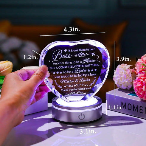 Enjinkail Laser Engraved Boss Appreciation Gifts for Men Women Heart Shape Crystal Plaque with LED Color-Changing Base