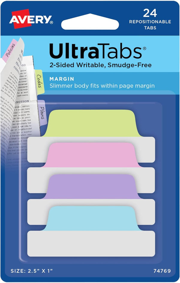 Avery Margin Ultra Tabs, 2.5" x 1", 2-Side Writable, Assorted Pastel Colors, 24 Repositionable Tabs (74769)