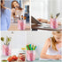 WAVEYU Pen Holder for Women, Pink Desk Decor, Large PU Leather Makeup Brush Organizer for Office and Home