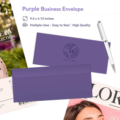 Business Envelopes 200-Pack #10 - Purple Standard Square Flap, Gummed Seal for Invitations, Office, Mailing