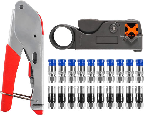 Coax Cable Crimper Kit Tool for RG6 RG59, Compression Tool Fitting Wire Stripper with 20pcs F Connectors