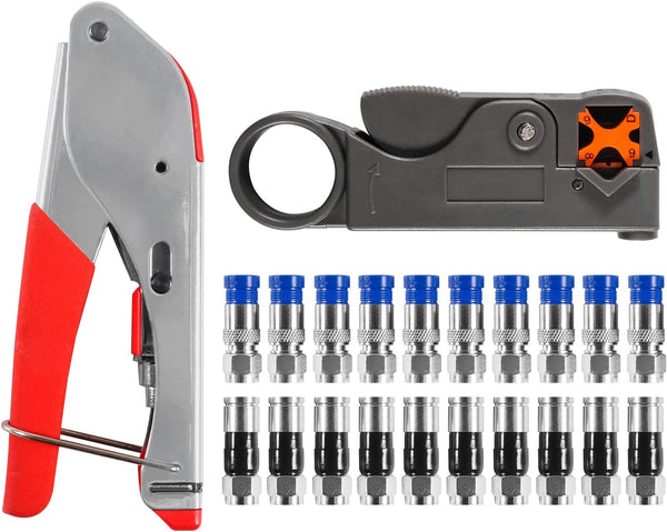 Coax Cable Crimper Kit Tool for RG6 RG59, Compression Tool Fitting Wire Stripper with 20pcs F Connectors