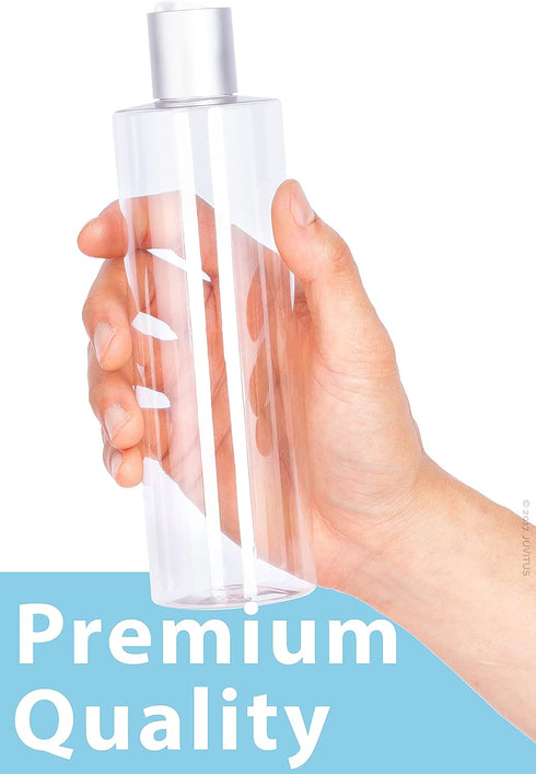 JUVITUS 12 oz Clear PET Plastic Bottles with Silver Disc Cap, Professional Cylinder, 12 Pack