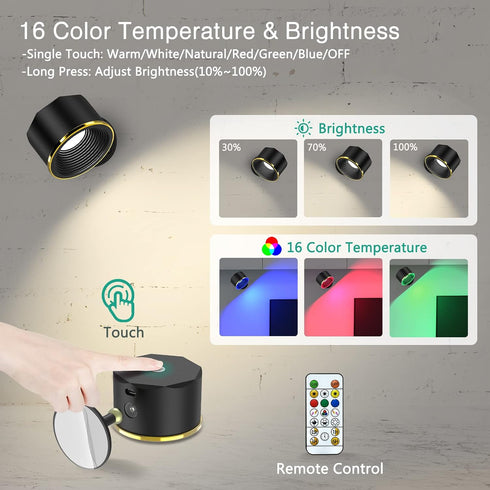 3 6 360Rotate ORIA LED Wall Sconces, Stick on Wall Light, Rechargeable Wall Mounted Lamp with Brightness, Color
