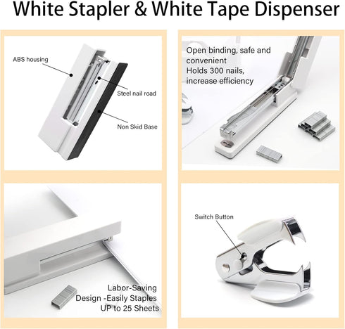 Shellvcase White Office Supplies Set - Stapler, Tape Dispenser, Staple Remover, Staples, Clips, Scissors, and Pens for