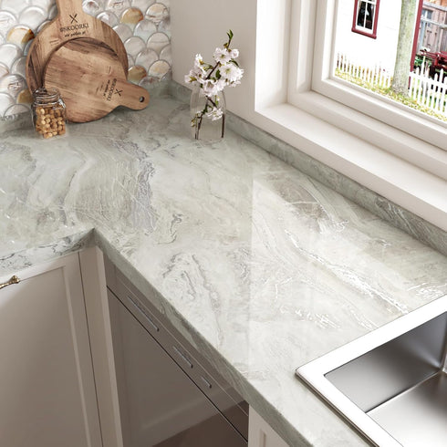 Shiny Beige Marble Contact Paper, Peel and Stick Waterproof Wallpaper for Kitchen Walls, Vanity Table 17.71"x120"