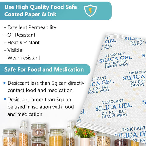 Premium 50 Gram 10 Pcs Desiccant Silica Gel Packets with Color Indicating - Rechargeable Moisture Absorbers for Food Grade Silica Packs for Foods, Seeds, 3D Filaments, Electronics, Safes