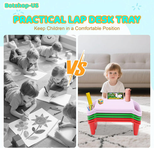 6 (19.6" 9.8" 7" Pcs Kids Lap Desk Tray, Plastic Breakfast Laptop Trays with Side Pockets, Portable Stackable Lap Bed