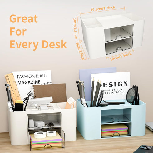 Desk Organizer with 2 Drawer, Multi-Functional Pencil Pen Holder for Desk, Plastic Organizers with 5 Compartments