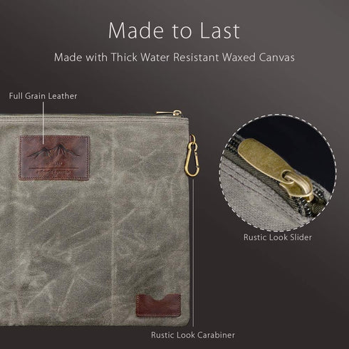 Water Resistant Zipper Document Holder, Fits Manila Folder, Rustic Large Waxed Canvas Pouch with Leather, Olive