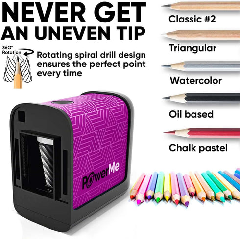 Electric Pencil Sharpener - Battery Powered for Kids, School, Home, Office, Classroom, Artists (Purple)