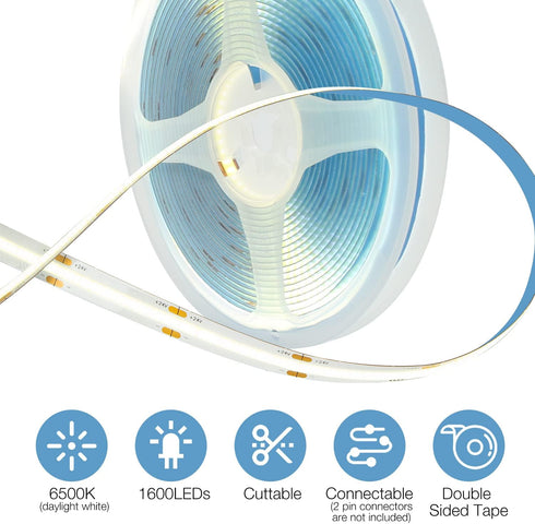 16.4 Dimmable 6500K 24V, 1600LEDs, 2835 Closet DAYBETTER COB LED Strip, ft White LED Strip Lights, LED Light Strip