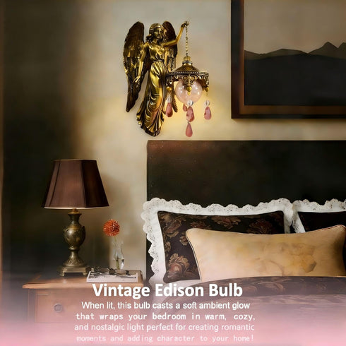 Angel Wall Lamp, Vintage Holy Guardian Night Light with Frosted Crystal & Wings, Battery Operated Wall Sconce