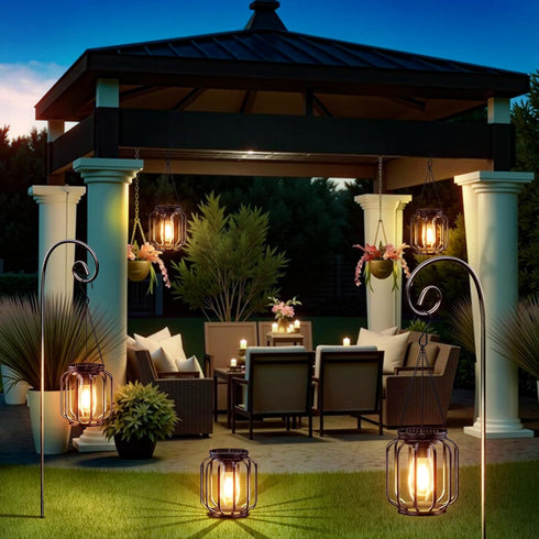 2 Pack Solar Hanging Lanterns Outdoor: Metal Solar Hanging Lights with Hook, Bright - Warm Waterproof LED Lanterns