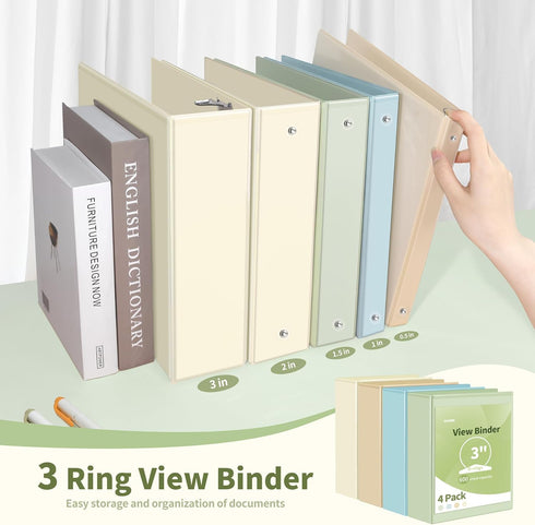 SUNEE 3 Ring Binder 3 Inch, 4 Pack Clear View PVC-Free Binder for School or Office Supplies, Neutral Aesthetic
