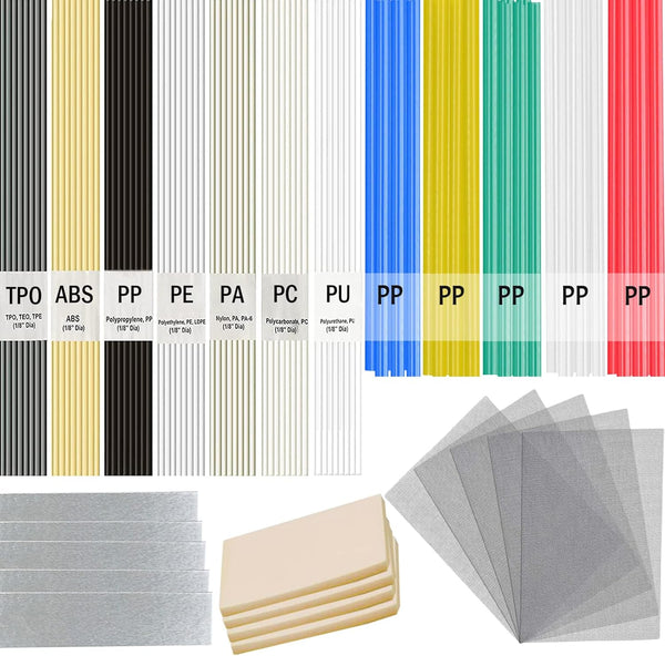 106pcs Plastic Welding Rods - ABS PP PU PE PA PC TPO for Car Bumper Kayak Repair Kit with Stainless Steel Mesh