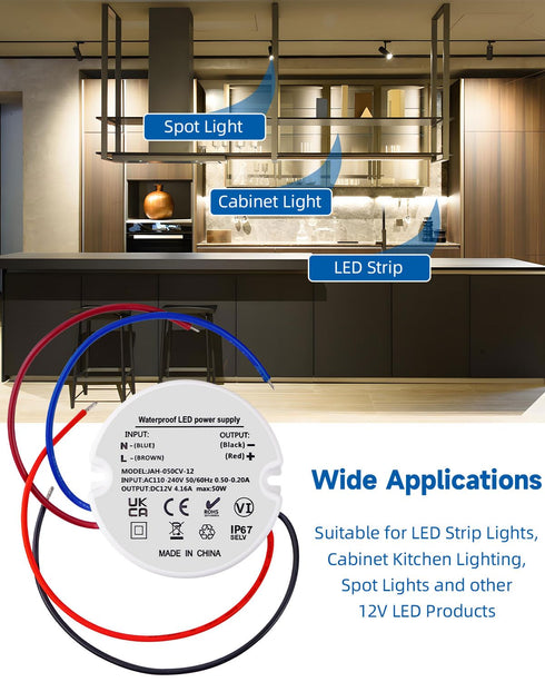 12V 50W, 240V 12V IP67, 50W 4.16A G4 MR16 LED Driver to Transformer DC Power Supply Waterproof for Strip Lights Outdoor