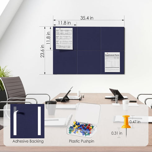 MaxGear 12 Pack Felt Wall Tiles, Large Cork Board 36"x24" with 40 Pushpins, Dark Blue Cork Boards for Office