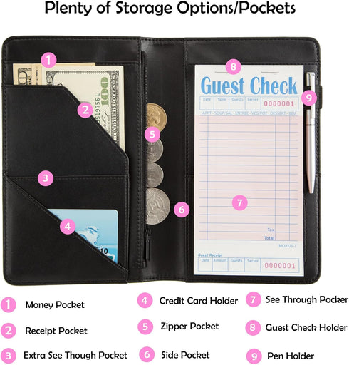 Pink Server Book Cute Waitress Book With Money Pocket and Zipper Serving Book Restaurant Guest Cash Check Bill Receipt