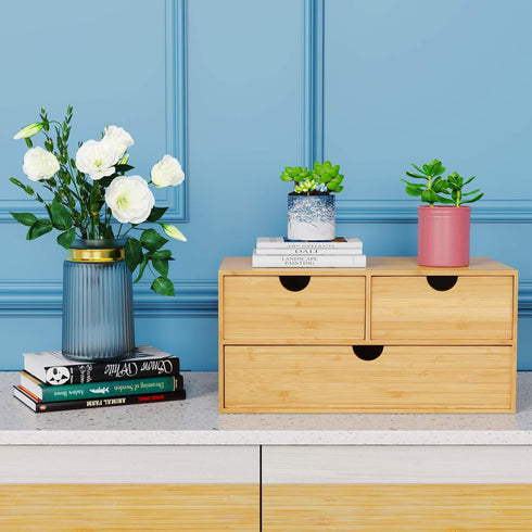 Wisuce Mini Bamboo Desk Organizer - 3 Drawer Tabletop Storage Box for Office and Home Supplies, No Assembly Required