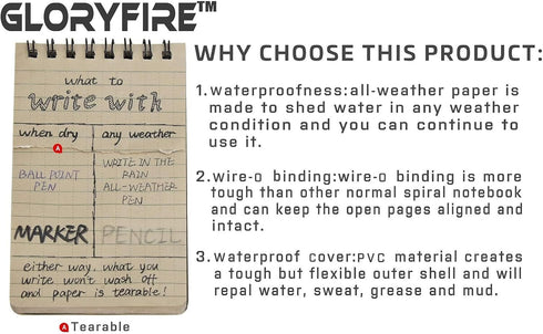 GLORYFIRE Waterproof Notebook Tactical All-Weather Memo Notepad with Waterproof Grid Paper, 3"x5" (5pcs)