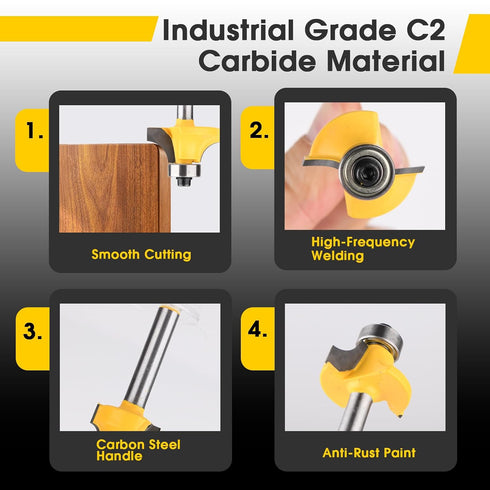6pcs Set 1/4 Inch 1/8", 3/16", 1/4", 5/16", 3/8", 1/2" Roundover Router Bit Shank, Carbide Tip Rabbeting Router Bits