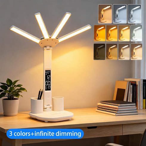 niccryle 3 Dimmable Led Desk Lamp with Clock Foldable Study Lamp Lighting Modes Table Lamp Eye Caring Reading Lamp