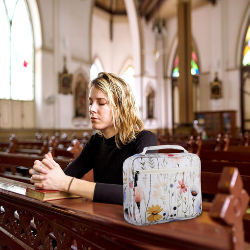 Waterproof Thick Bible Cover Case for Women, Large 11x9x3 inch White Floral Bible Cover with Strap and Zipper Pockets