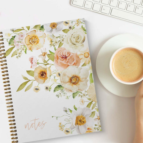 Floral Bouquet Spiral Notebook, 8.5" x 11" Journal, 120 College Ruled Pages, Durable Gloss Laminated Softcover, Gold