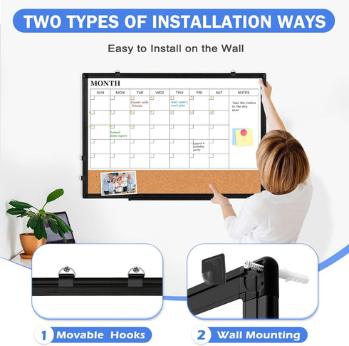Monthly Calendar Whiteboard Dry Erase Cork Board Combo, 24" x 18" Magnetic Double-Sided Board