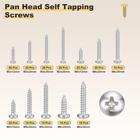 METALLIXITY Screws(M3/M4/M5/M6) 250Pcs, 304 Phillips Pan Head Self Tapping Stainless Steel Self Drilling Screw